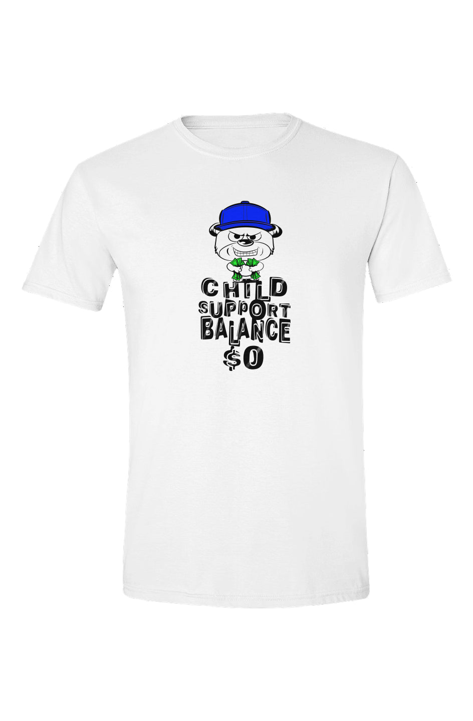 White tee; Blue cap