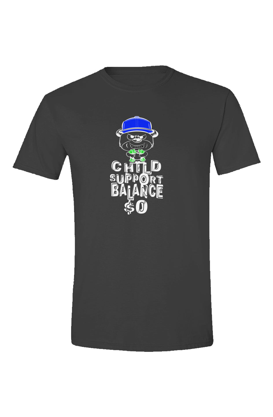 Black tee; blue